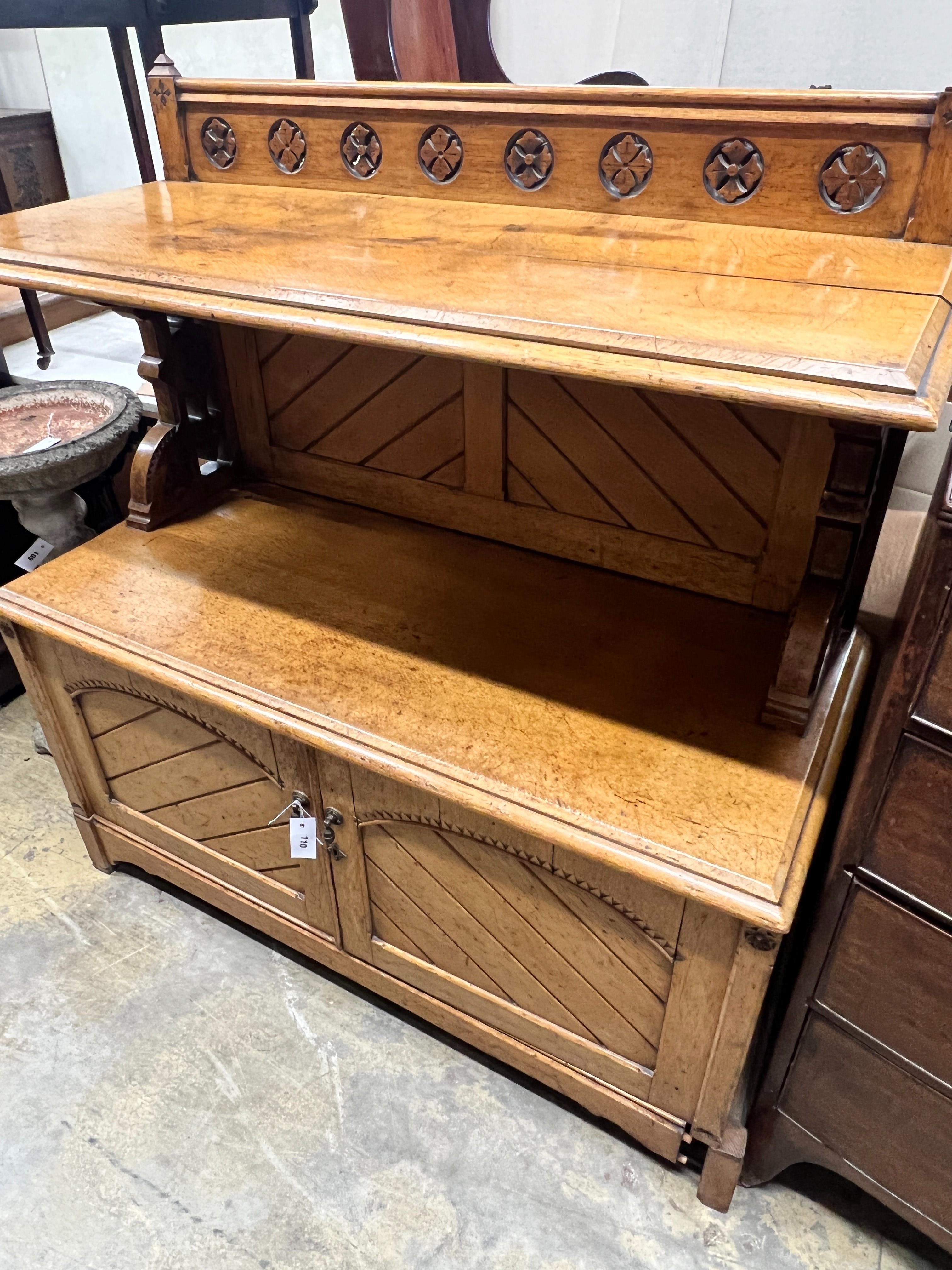 A late Victorian light oak buffet, length 119cm, depth 52cm, height 129cm